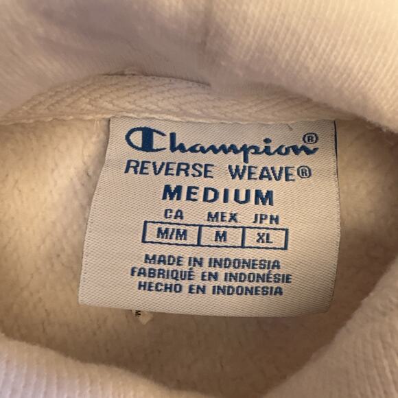 Champion Sweater Womens Medium Blue Red Reverse Weave Hooded Retro Split Sleeves - Picture 6 of 13